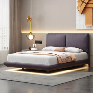 Full Size Upholstered Platform Bed Sensor Light 2 Large Backrests Stylish Platfo - Picture 1 of 17