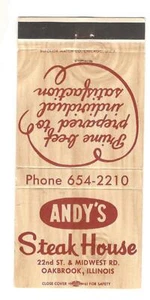 Cubierta de libro de cerillas vintage Andy's Steak House Oakbrook Illinois B87 - Imagen 1 de 2