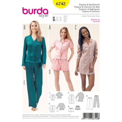 BURDA 6742 PYJAMAS & NIGHTGOWN Sewing Pattern Sizes 8 - 18 Skill: EASY - Image 1 of 4