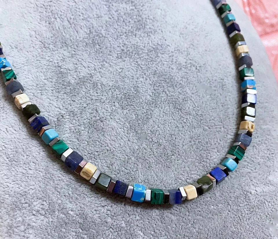 Collana Girocollo Uomo Pietra Naturale Lapislazzuli Turchese Cubo Ematite 4mm - Immagine 1 di 4
