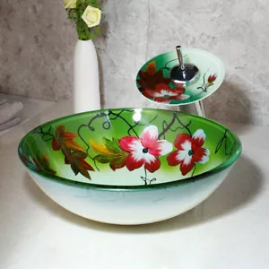 Juego combinado de tocador lavabo lavabo lavabo grifo mezclador de drenaje recipiente de vidrio - Imagen 1 de 10