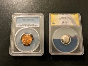 Lot of 2:1) 1955-S PCGS MS65RD Lincoln 1¢ &2009 S Silver Roos. 10¢ ANACS PF69DC - Bild 1 von 6