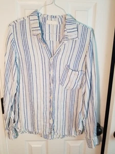 Camisa con botones CP Shades para mujer 100 % lino rayas pequeña azul/blanco manga larga - Imagen 1 de 7