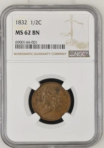 1832 Half Cent 1/2 Cent NGC MS-62 BN - Picture 1 of 2