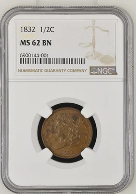 1832 Half Cent 1/2 Cent NGC MS-62 BN - Image 1 of 2