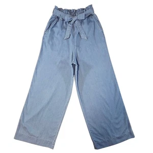 &Denim Wide Leg High Waist Pants Womens 2 Light Blue Chambray Belted Culotte - Picture 1 of 9