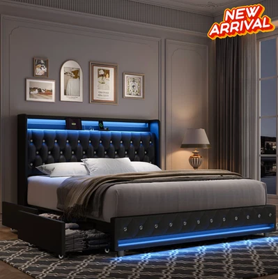 Marco De Cama Plataforma KING Con Almacenamiento Cabecera Tapizada Cuero PU LED Luz Foto 1 de 4