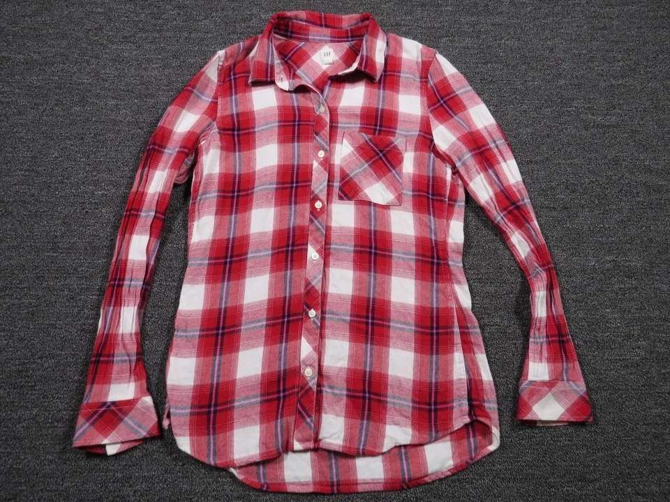 Camisa GAP Feminina XS Vermelha Branca Xadrez Botão Manga Longa Bolso Casual - Imagem 1 de 4
