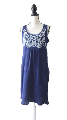 Navy Blue Applique Embroidered Sun Dress Women's 14 Sleeveless Gauze Cotton Boho - Image 1 of 4