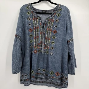 Tolani Tunika Oberteil Damen XL blau bestickt Boho Bauern Langarm Tencel - Bild 1 von 12
