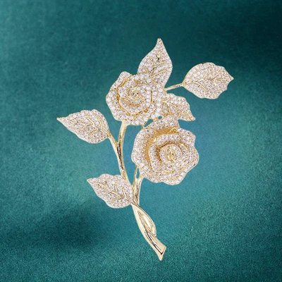 Gold Plated Clear Cubic Zirconia Rose Flower Leaf Brooch Pin - Image 1 of 3