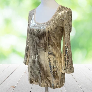 Top vintage Y2K EXPRESS para mujer M lentejuelas doradas cuello redondo algodón Pima glamour discoteca - Imagen 1 de 13