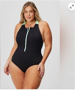 Fabletics Zip Front Racerback One Piece Swimsuit Womens Size 2XL Black Green - Picture 1 of 7