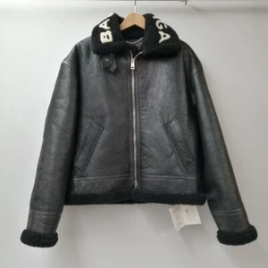 BALENCIAGA Leather Shearling Bomber Jacket Lambslin Men's Size 50 Black USED - Picture 1 of 19