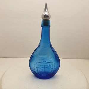 Cobalt Blue Liquor Bottle With Metal Cork Bird And Clasp Hands 11 1/2" Tall - Picture 1 of 10