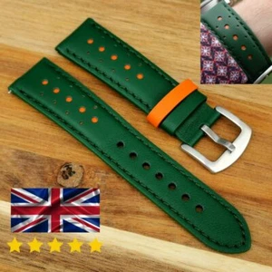 Handmade Green and Orange Leather Racing Watch Strap 18mm, 20mm, 22mm, 24mm - Picture 1 of 11