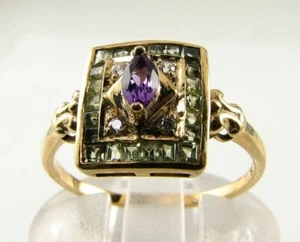 SUFFRAGETTE 9K 9CT GOLD AMETHYST PERIDOT DIAMOND ART DECO INS RING FREE RESIZE - Picture 1 of 7