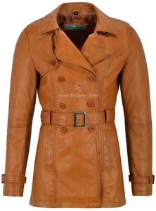 'TRENCH' Ladies TAN Classic Mid-Length Designer Real Napa Jacket Coat 1123 - Picture 1 of 5