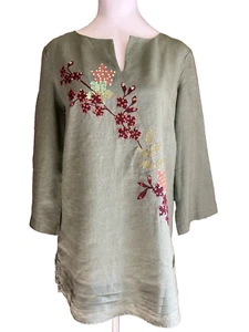 Richard Malcolm IRISH Linen M/L Green Tunic Floral Fairy Whimsy Cottage Bling - Picture 1 of 12