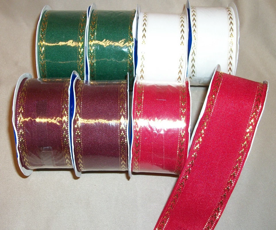 8 Rolls ASSORTED GOLD TRIM TAFFETA FABRIC RIBBON  1  1/2" w   6 ft. PR - Image 1 of 1