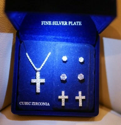 NEW WOMEN'S DANECRAFT SILVER CROSS NECKLACE EARRING SET CUBIC CZ JEWELRY SILVER  - Image 1 of 4