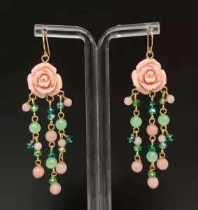 orecchini donna agata verde argento 925 quarzo rosa pasta di corallo chandelier - Foto 1 di 10