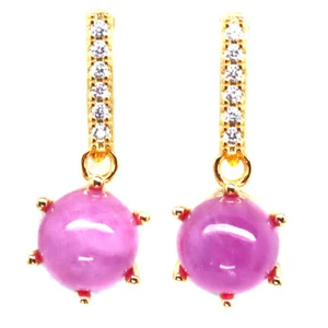 925 Sterling Silver 7 MM. Pink Ruby & White Zircon Earrings 18K Gold Plated - Picture 1 of 4