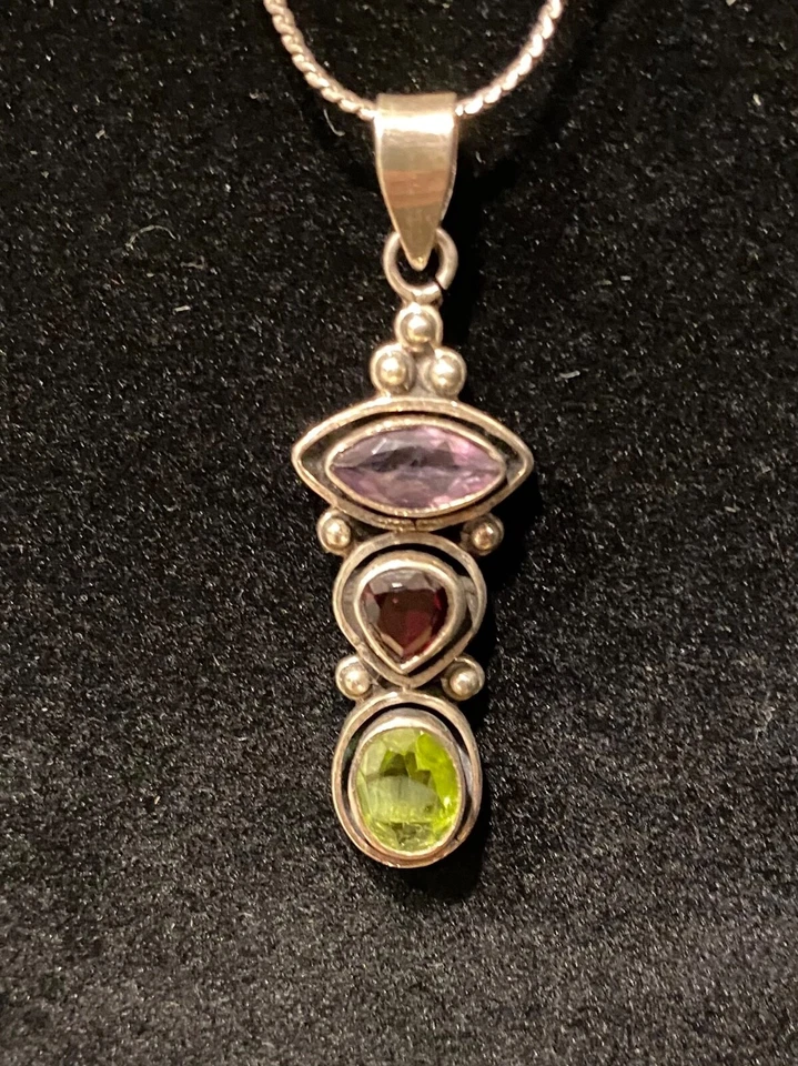 Necklace Pendant Gemstone Amethyst Garnet Peridot 925 SS Chain 24” - Image 1 of 4