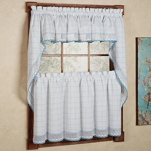 Adirondack Cotton Kitchen Window Curtains - White/Blue - Tiers, Valance or Swag - Picture 1 of 5