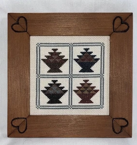 Wood Framed Counted Cross Stitch Completed Prairie Schooler Basket Pattern - Picture 1 of 7