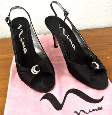 Nina Women's B Size 7.5 M Black Satin Peep Toe Slingback Heels Shoes Rhinestones - Image 1 of 4