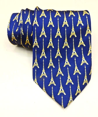 Corbata La Tour Eiffel A Paris 100% SEDA Azul Marino y Oro Reflejos D'Art Torre Eiffel, Usada en Excelente Condición Foto 1 de 4
