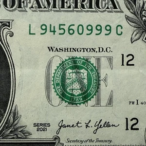 Four of a Kind with Triple 9s Together Fancy Serial Number - L94560999C - Picture 1 of 6