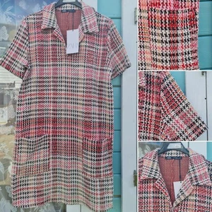 Zara Tweed Dress Pink Mix Cotton Blend Collared Short Sleeve Smart Casual Medium - Picture 1 of 15