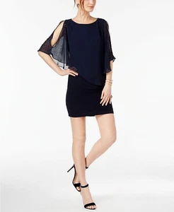 $345 Xscape Women'S Blue Asymmetric Beaded Chiffon Capelet Sheath Dress Size 6 - Picture 1 of 2