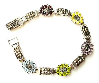 PULSERA FLORES MULTI PIEDRAS Marcasita .925 PLATA ESTERLINA (7 pulgadas) Foto 1 de 2