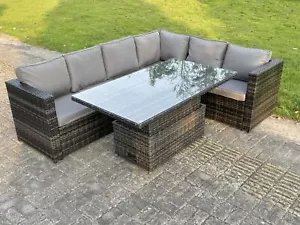 Fimous Rattan Garden Furniture Corner Sofa Set Rising Adjustable Dining Table - Picture 1 of 10