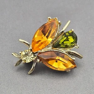 VTG Dodds Gold-Tone Bee Brooch Orange & Green Rhinestones Nature Insect Jewelry - Picture 1 of 7