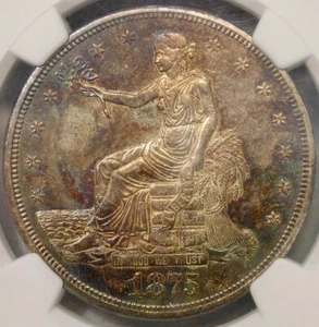 1875 CC TRADE SILVER DOLLAR RARE DATE NGC UNC MS 64/65 DETAILS ARTIFICIAL TONING - Picture 1 of 5