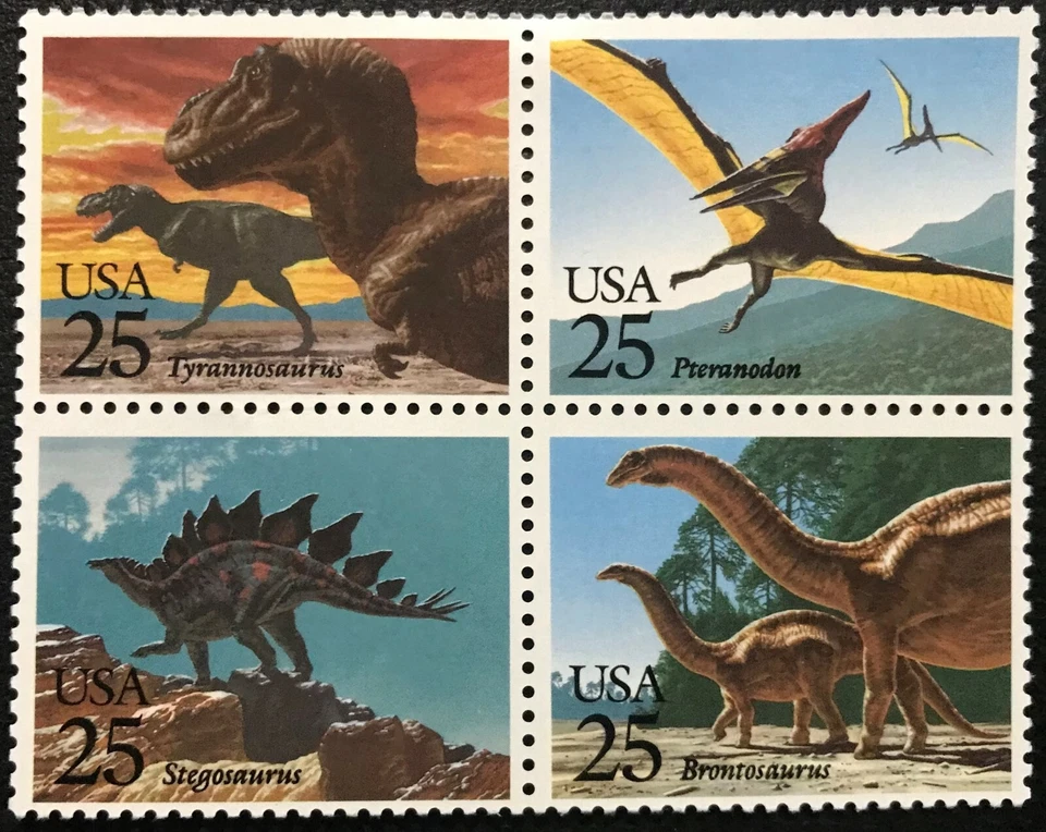 1989 Scott# 2422-2425 - 25¢ - Block of 4 - PREHISTORIC ANIMALS - Mint NH  - Image 1 of 1