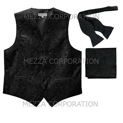New Men's black vest Tuxedo Waistcoat self tie bow tie and hankie set prom party - Image 1 of 4