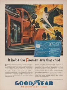 1955 Goodyear Gummi - Feuerwehrmann rettet Kind Feuerwehr Feuerwehrauto - Druck Werbekunst - Bild 1 von 1