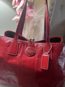 Coach '11 Patent Leather Carry-All Red Stitch Monogram Bag - Picture 1 of 7