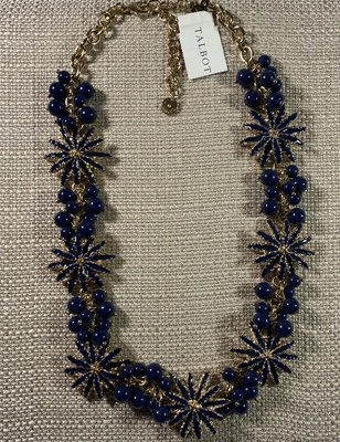 Talbots NWT Necklace Navy Enamel Flowers Cluster Beads Statement Gold Tone - Image 1 of 4