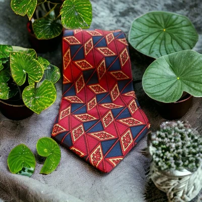 Corbata LANVIN 100% Seda Hecha en Francia Roja Marina Negra y Dorada Abstracta Foto 1 de 4