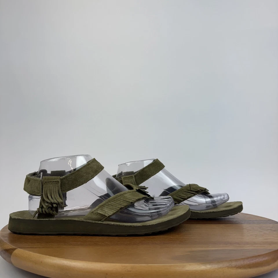 女式 Teva 原装绿色皮革条纹丁字裤户外凉鞋 9 M 码 — 第 1/4 张图片