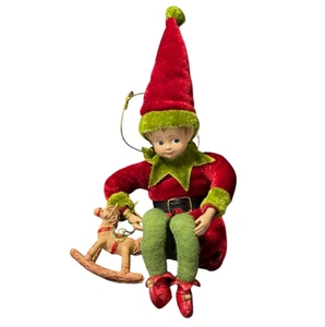 Vintage Pixie Elfe hängender Weihnachtsschmuck tragendes Spielzeug Pferd rot grün 10 Zoll - Bild 1 von 8