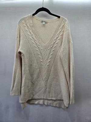 Suéter de cachemir de otoño para mujer suéter talla L crema cuello en V tejido con cable Foto 1 de 4