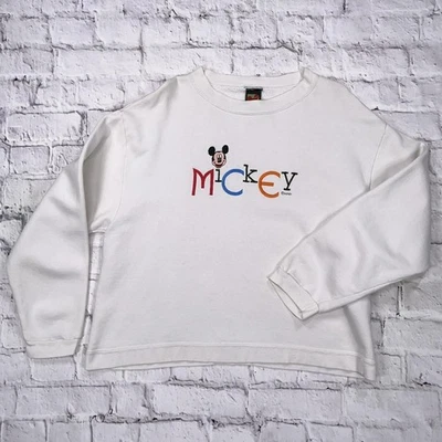 Vintage Disney Micky Mouse Logo Cute Retro 80s 90s White Jersey Pullover Sweater - Image 1 of 4