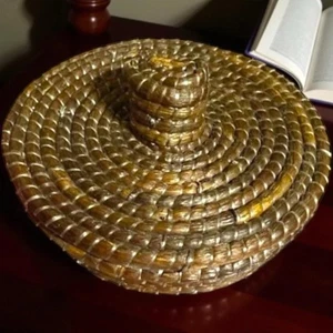 Handgewebter Kiefer Nadel Spulenkorb mit Deckel 8,5" rund braun beige Vintage - Bild 1 von 9